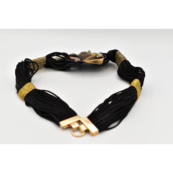 Vintage Made In Italy Waist Belt Mayan Metal Black Weaved Crystal Chunky 26" - Picture 7 of 12